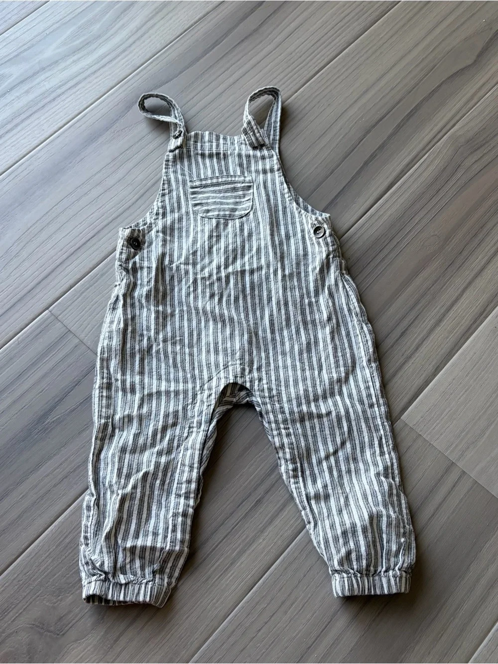 Rylee + Cru Striped Cotton Linen-Blend Kids Overalls in Gray and White Stripe